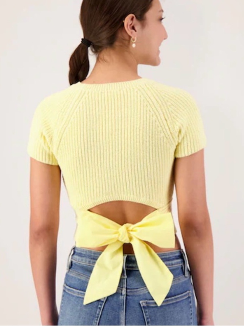 Satin Bow Cropped Yellow Sweater